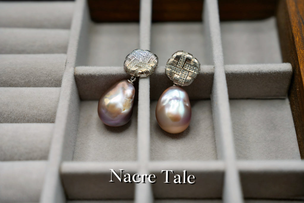 Nacre Tale Baroque Pearl Drop Earrings - Silver with Sparkling Stone Accents