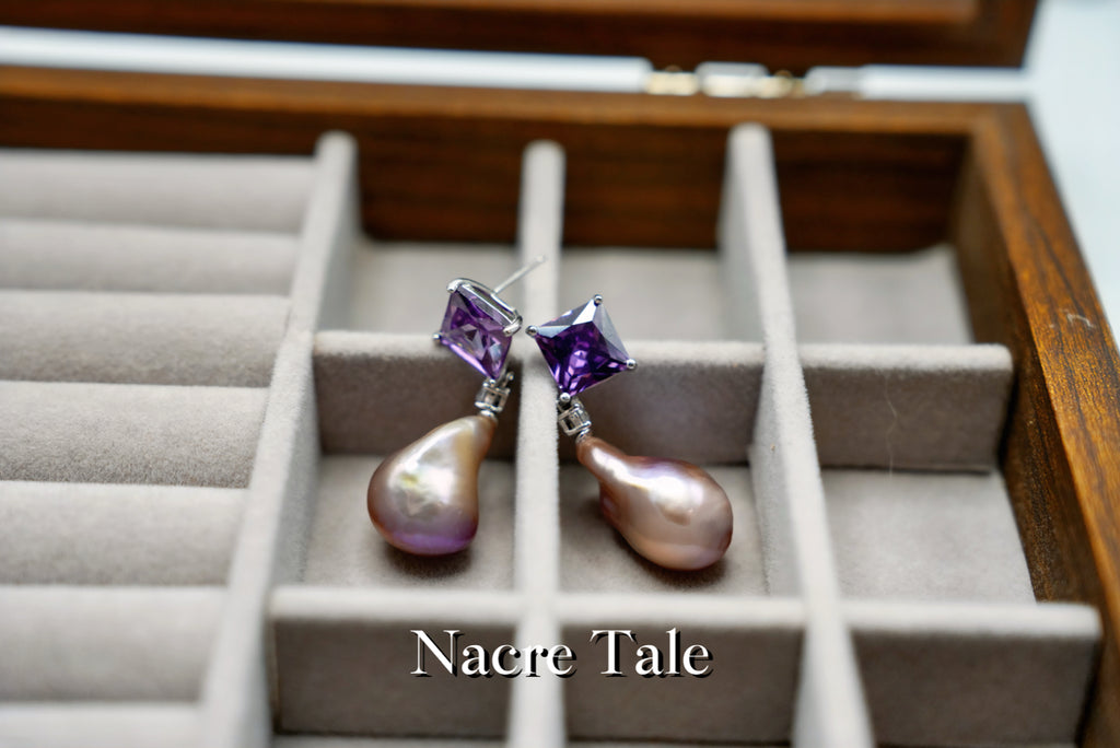 Nacre Tale Baroque Pearl & Amethyst Drop Earrings - Sterling Silver with Natural Freshwater Pearls