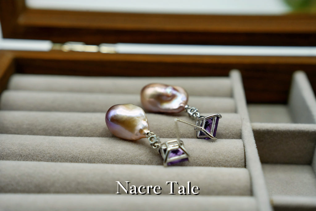 Nacre Tale Baroque Pearl & Amethyst Drop Earrings - Sterling Silver with Natural Freshwater Pearls