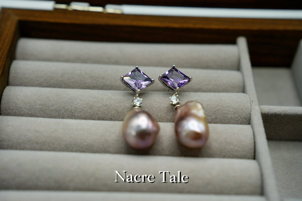 Nacre Tale Baroque Pearl & Amethyst Drop Earrings - Sterling Silver with Natural Freshwater Pearls