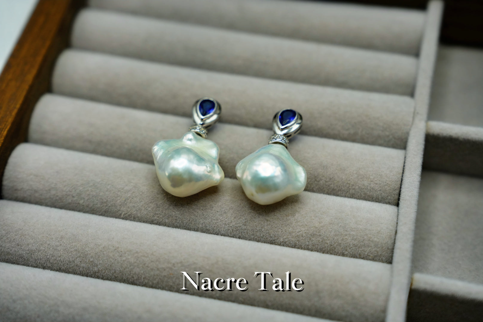 Nacre Tale Baroque Pearl & Sapphire Drop Earrings - Sterling Silver with Genuine Gems