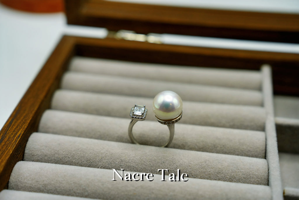 Nacre Tale Pearl and Diamond Engagement Ring - Sterling Silver with Akoya Pearl
