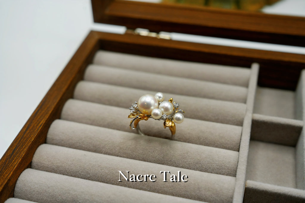 Nacre Tale Pearl Cluster Ring - Sterling Silver with Leaf Motif and Cubic Zirconia