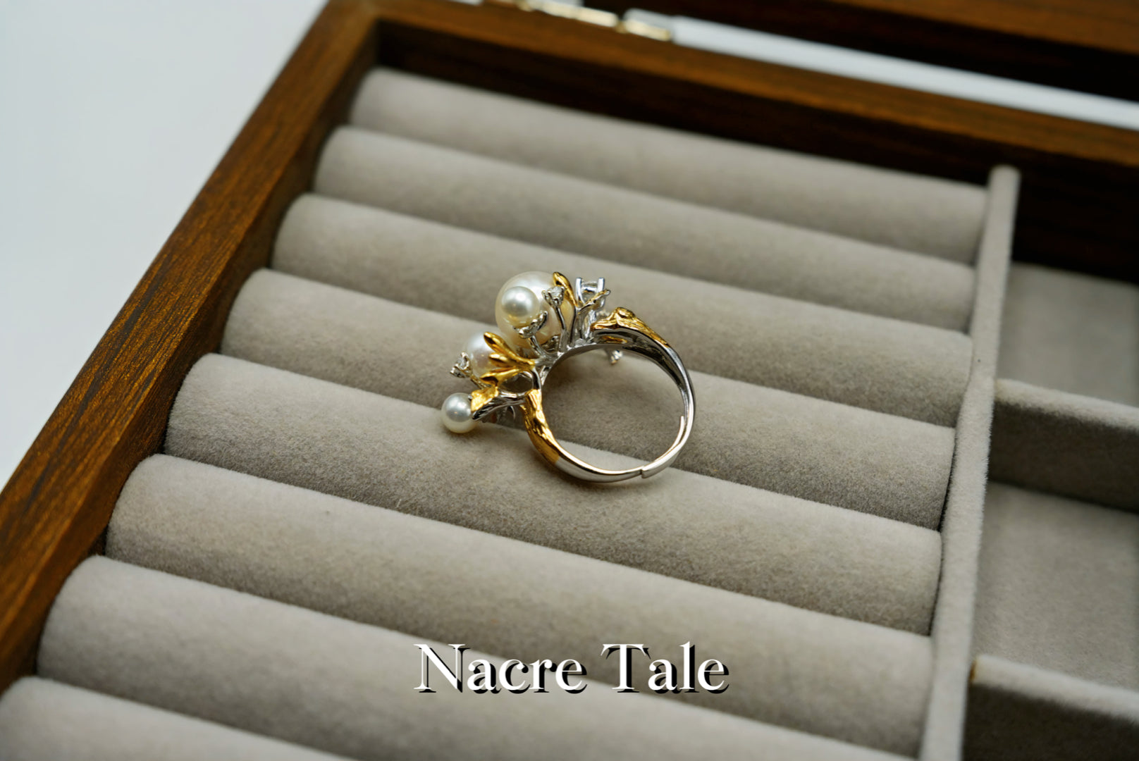 Nacre Tale Pearl Cluster Ring - Sterling Silver with Leaf Motif and Cubic Zirconia