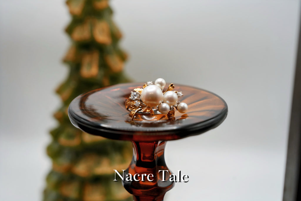 Nacre Tale Pearl Cluster Ring - Sterling Silver with Leaf Motif and Cubic Zirconia