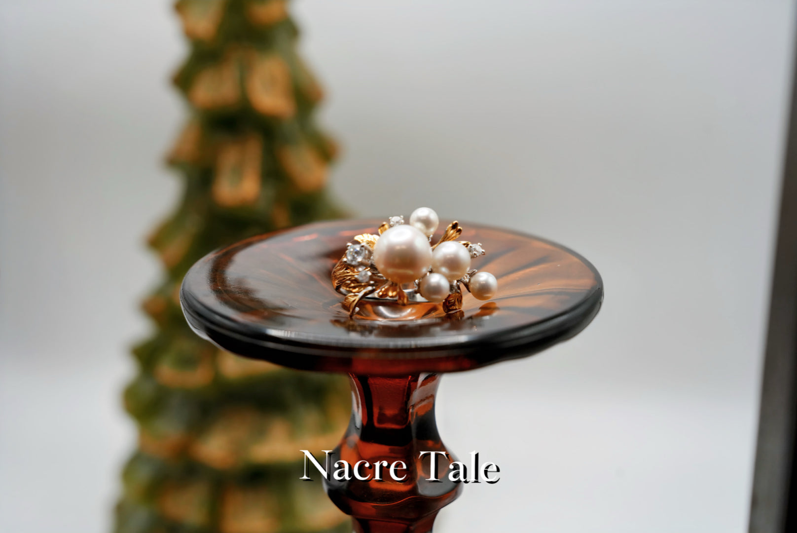 Nacre Tale Pearl Cluster Ring - Sterling Silver with Leaf Motif and Cubic Zirconia