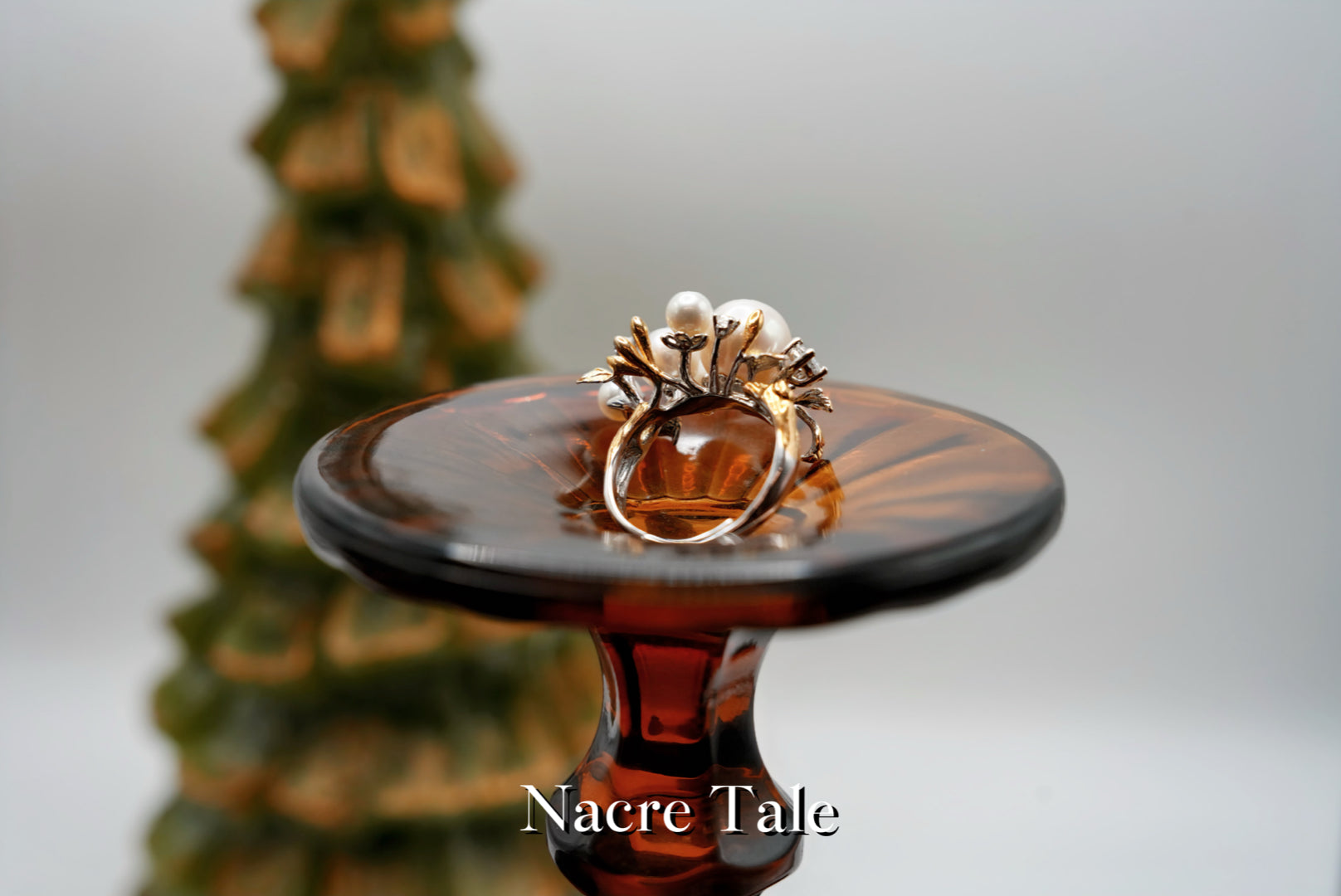 Nacre Tale Pearl Cluster Ring - Sterling Silver with Leaf Motif and Cubic Zirconia