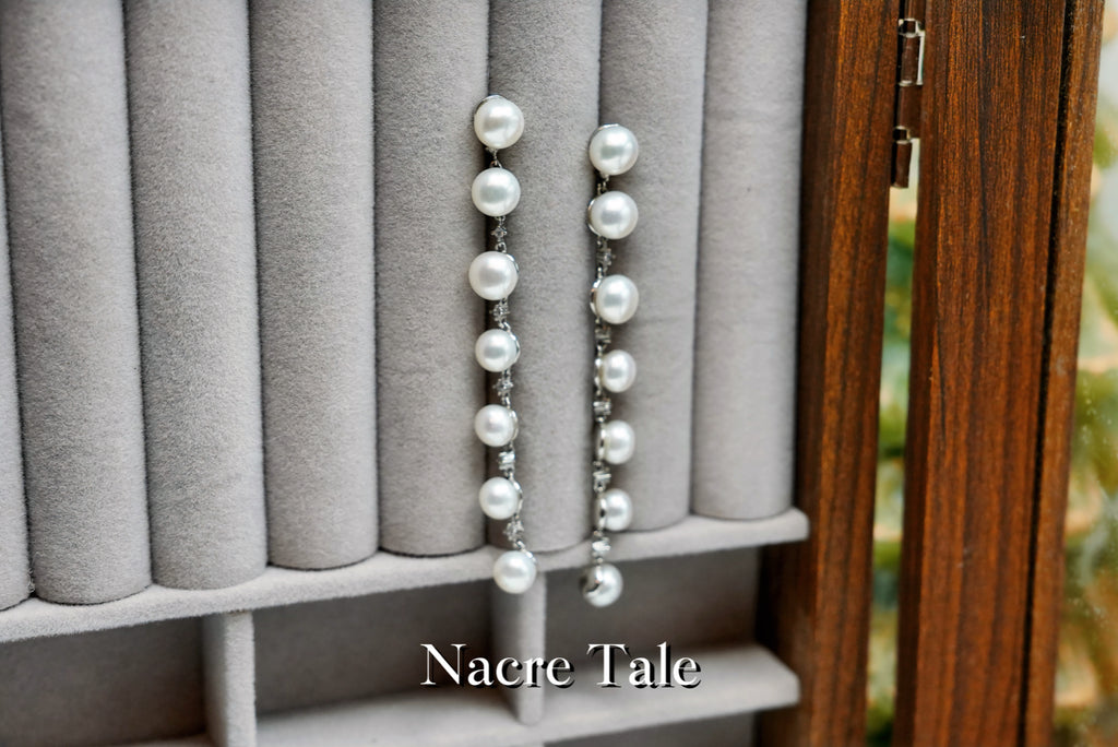 Nacre Tale Graduated Pearl Drop Earrings with Diamond Accents - Sterling Silver Elegance